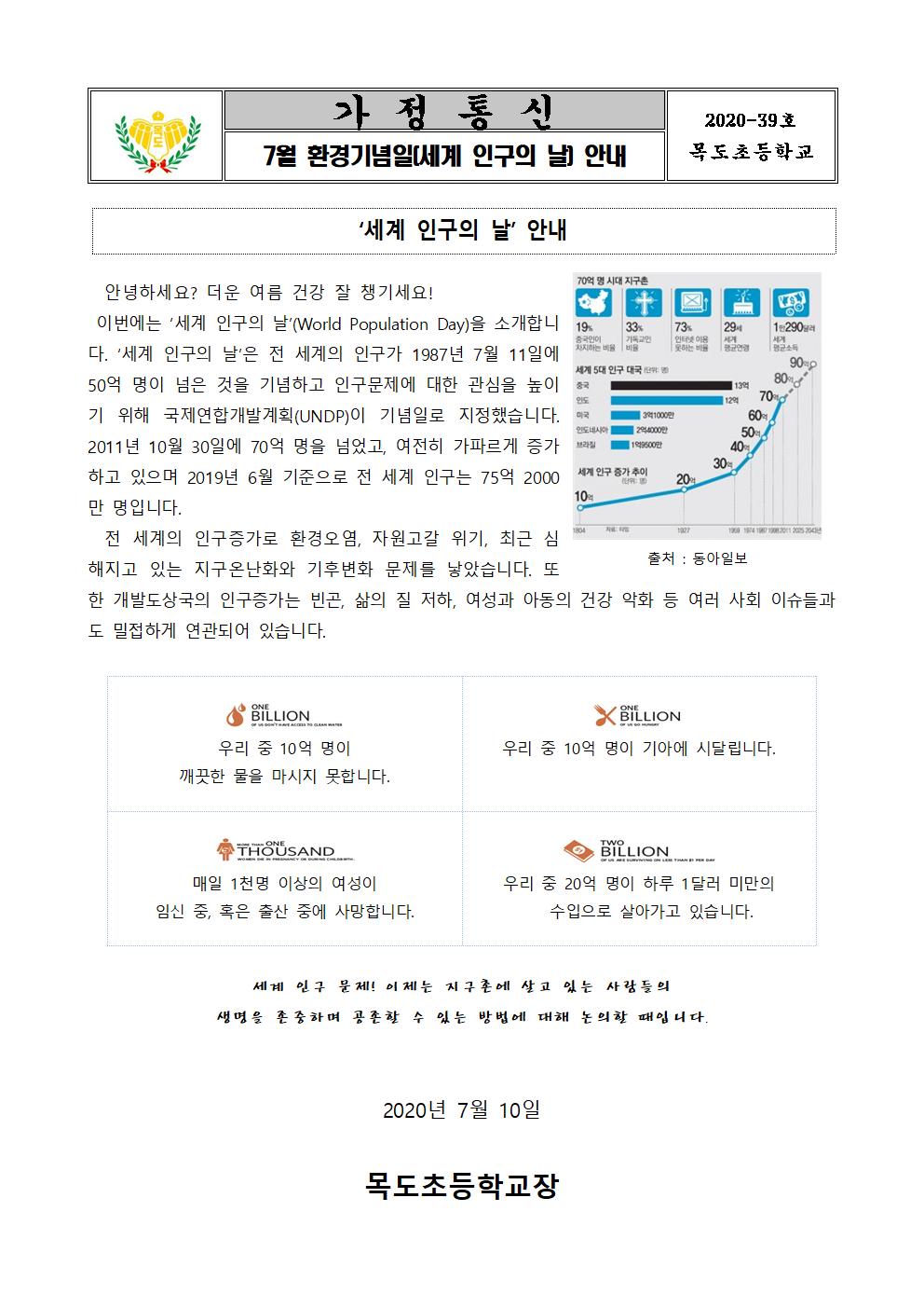 2020. 7월 환경기념일(세계 인구의 날) 안내